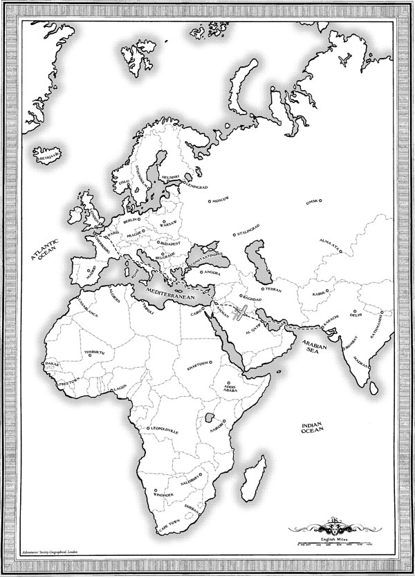 Map for book endpapers, showing Eurasia & Africa c.1928